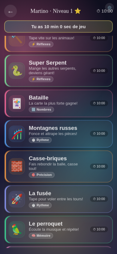 Le menu des 22 jeux avec leur aptitude